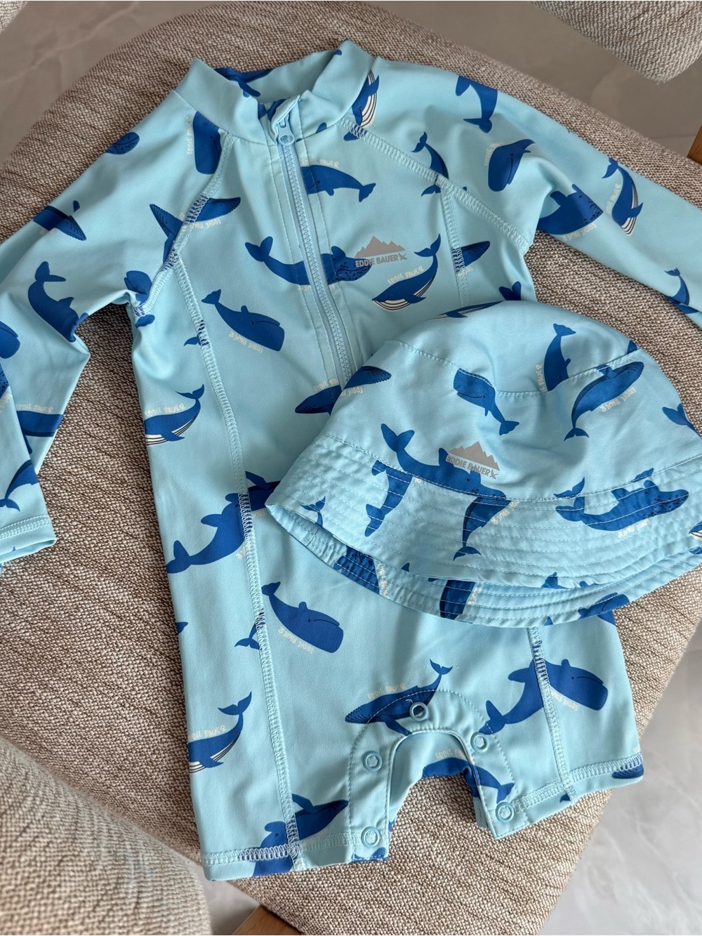 Eddie Bauer Light Blue Kids Rashguard Swimsuit with Navy Whale Print and Hat